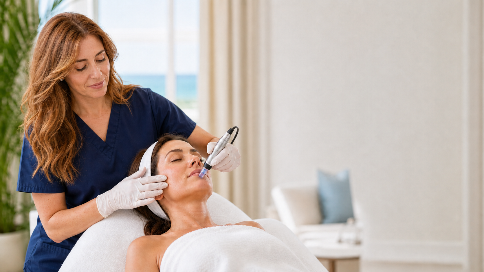 Nurse practitioner performing microneedling for a patient at home