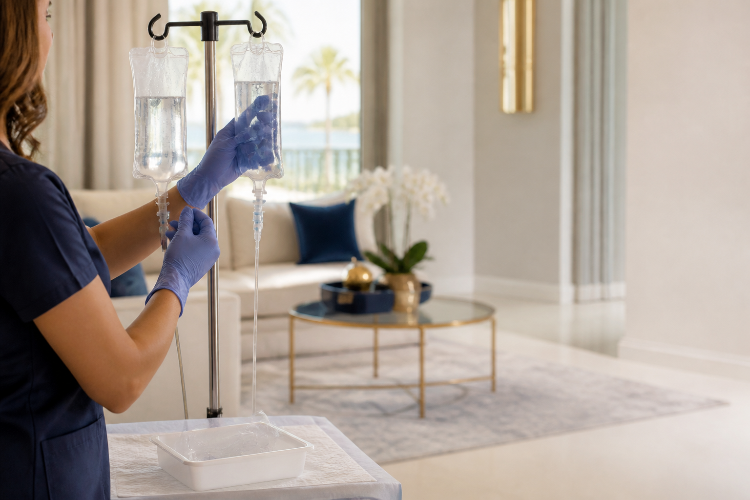 Two IV bags prepared for an extra-strength Double Up drip at home in Palm Beach County