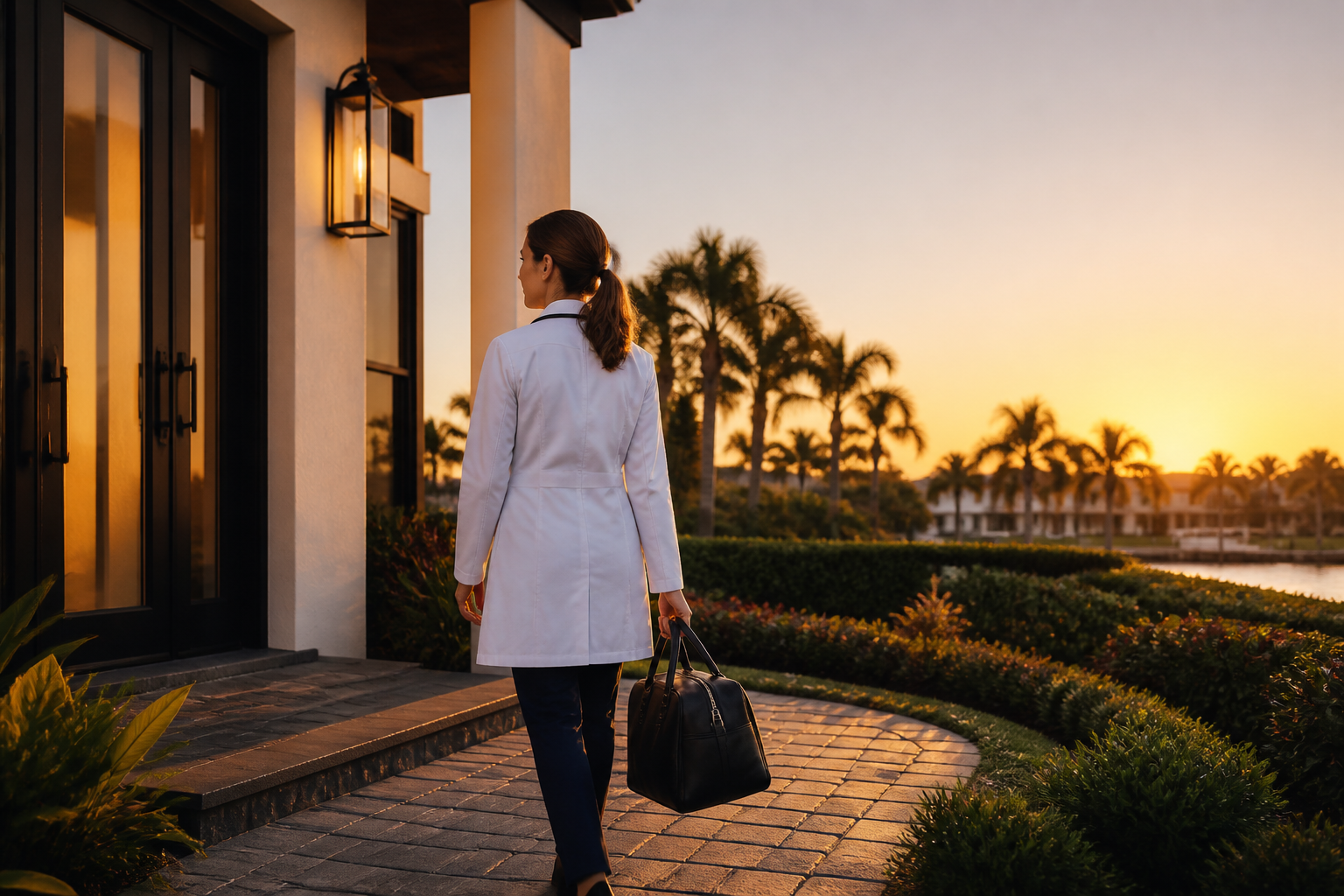 Nurse practitioner arriving at a patient's front door in Palm Beach County, Florida