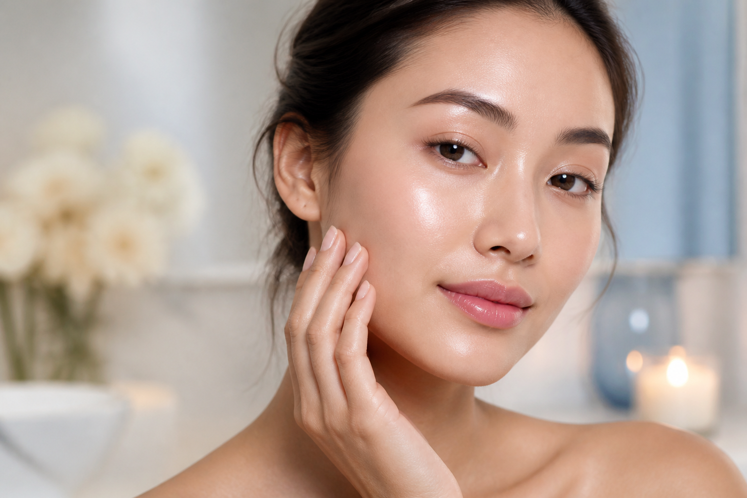 Woman with luminous dewy skin for Korean glass skin treatment