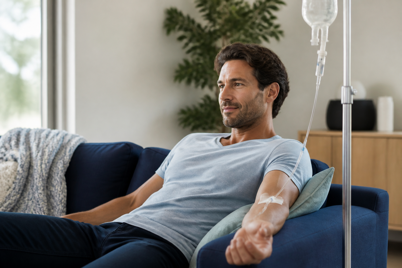 Man receiving Glutathione IV drip at home