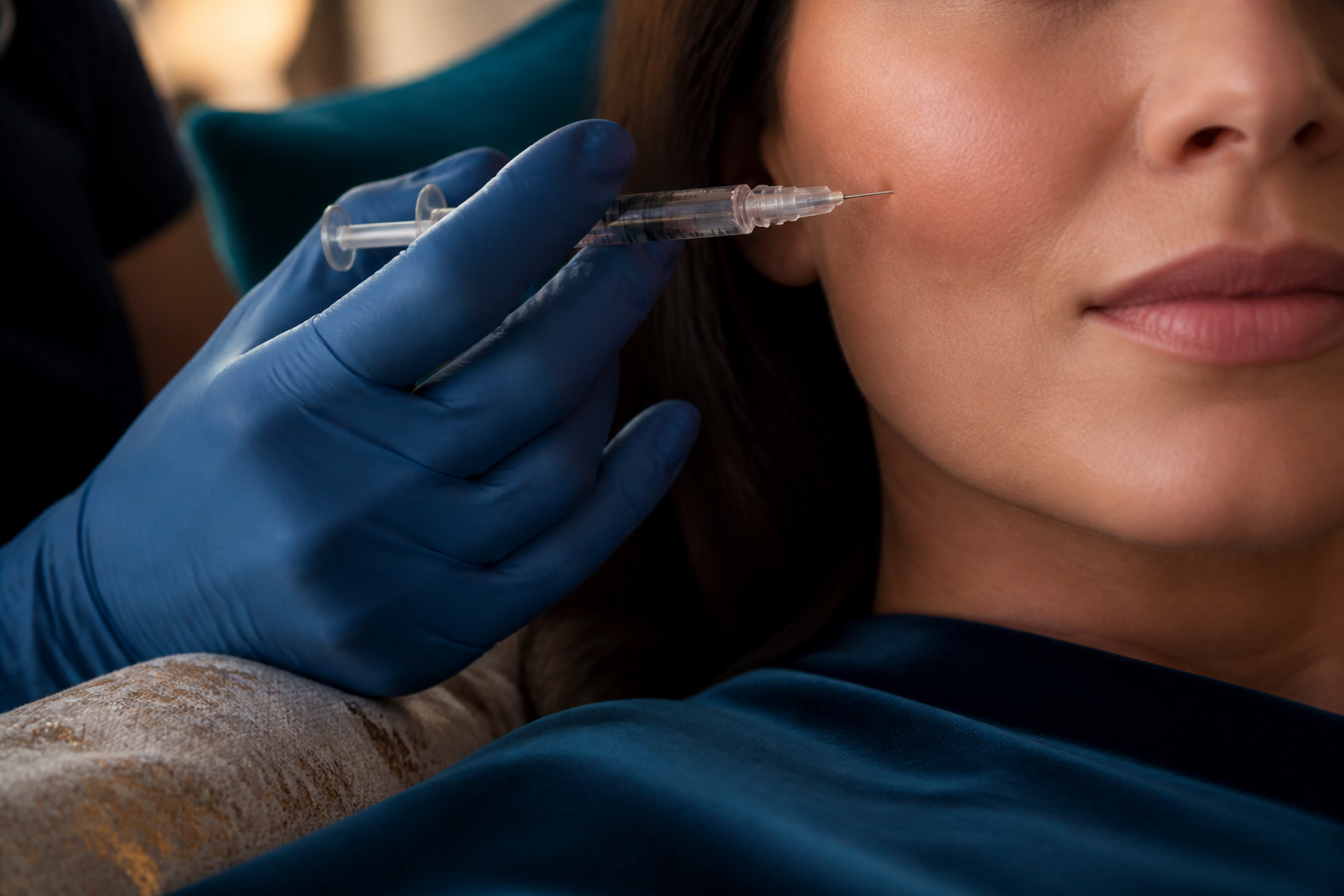 Close-up of a dermal filler injection being administered near the cheek in Palm Beach County
