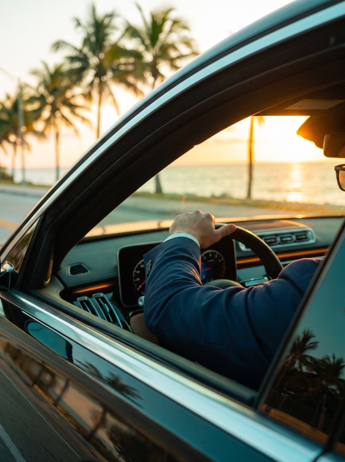 Sunlight through the tinted window of a car on a palm-lined South Florida road
