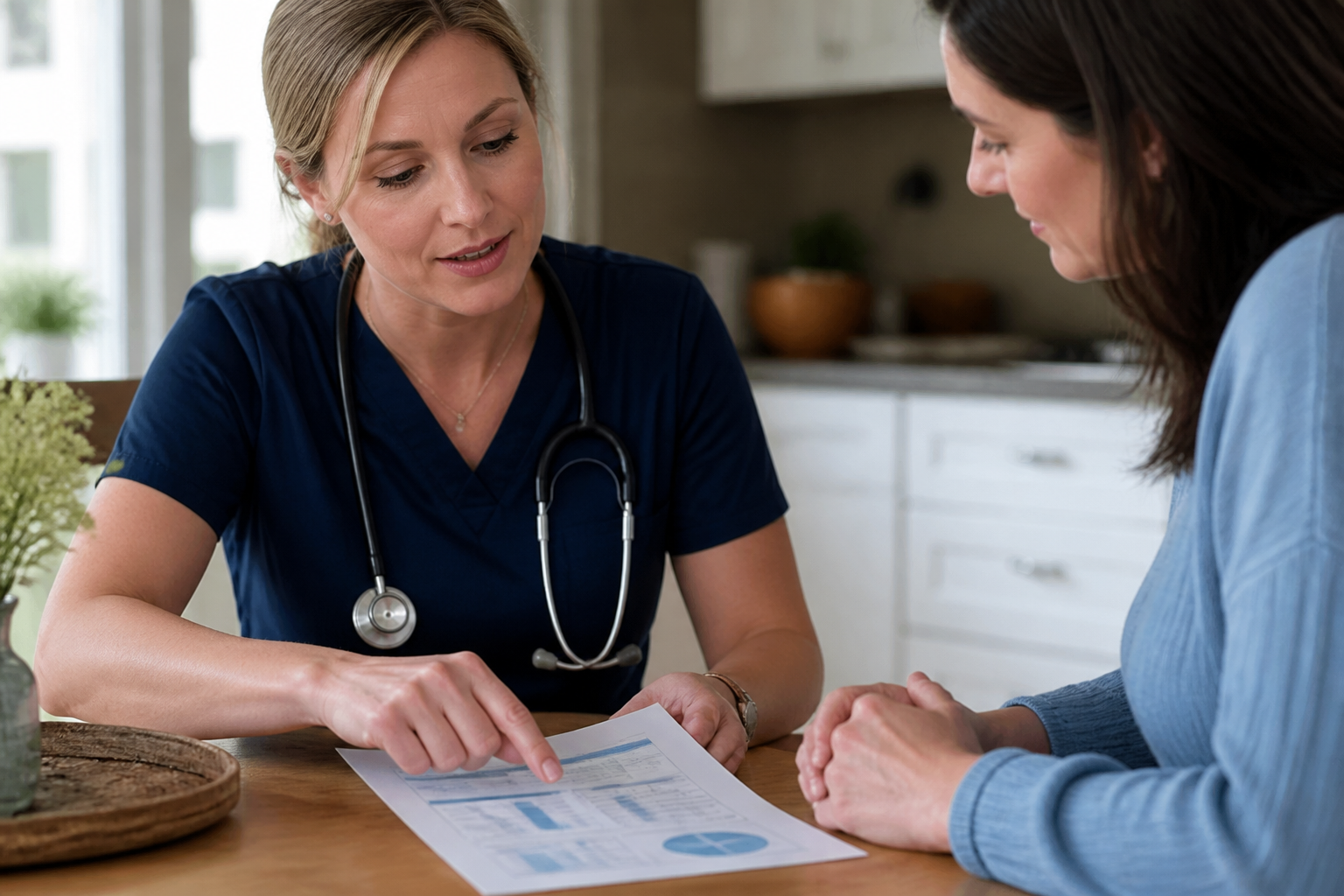 Beyond Concierge Healthcare provider going through hormone lab results with a patient at home
