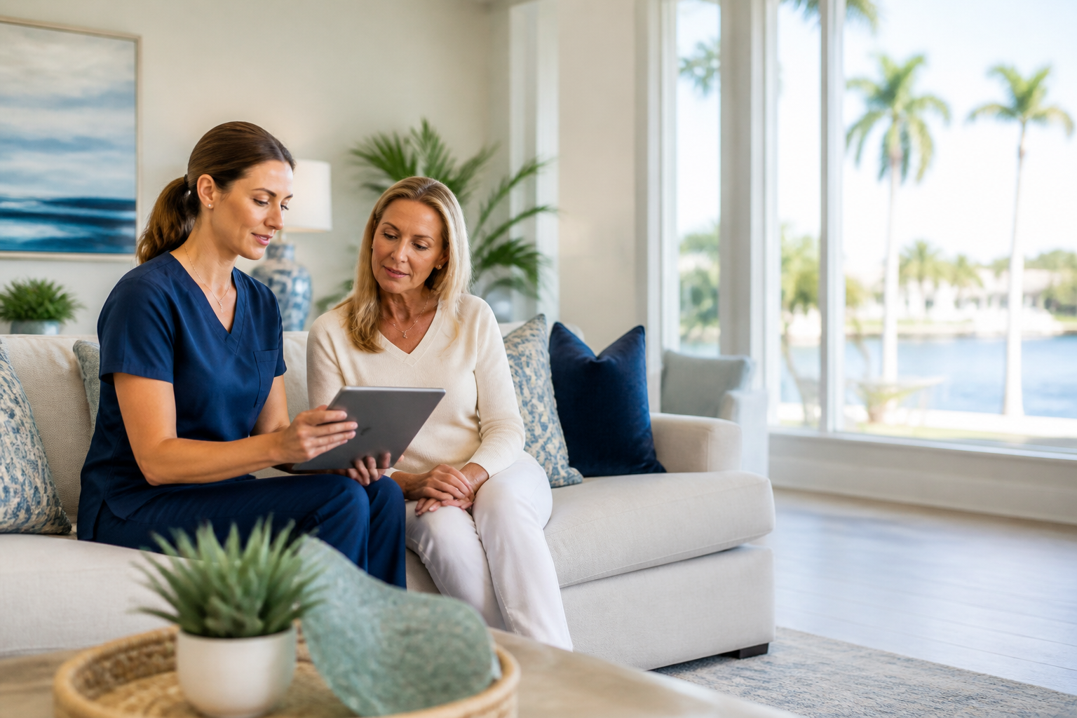 Patient talking through hormone symptoms with a nurse practitioner at home